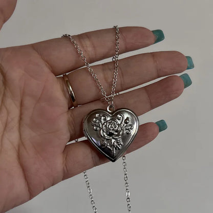 Romantic Heart Locket Pendant Openable.  Female  Dark Silver Color Stainless Steel Photo Frame Charm Necklace for Women /Men Jewelry Gift HAPPY MOTHERS and FATHERS DAY!!!