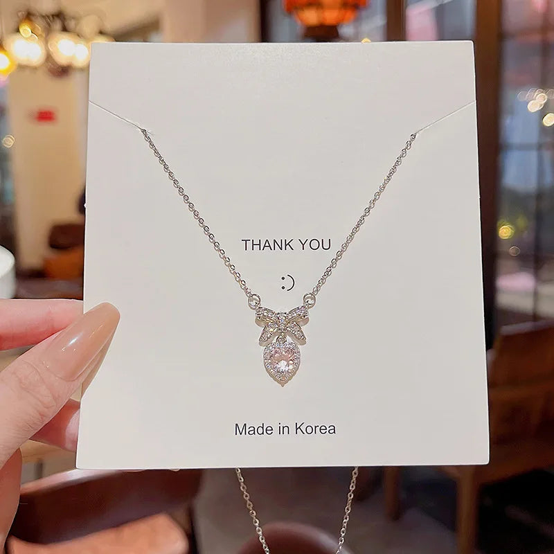 Fashion Pink Crystal Heart Bow Tie Pendant Necklace. Silver Color Chain.  Necklace for Women on Valentines for Aesthetic Jewelry