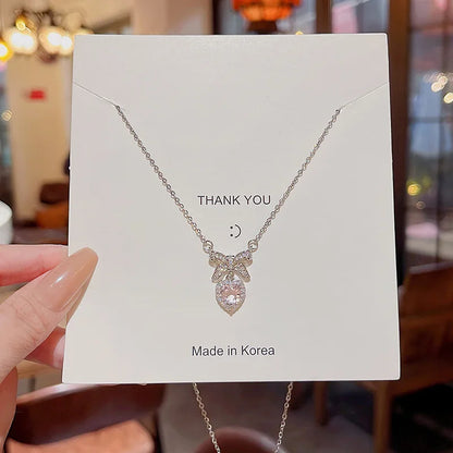 Fashion Pink Crystal Heart Bow Tie Pendant Necklace. Silver Color Chain.  Necklace for Women on Valentines for Aesthetic Jewelry