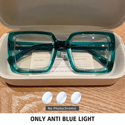Square, Photochromic,  Blue-Light Blocking, Large Frame Eyeglasses, Reading Glasses Ladies Prescription Myopia Glasses