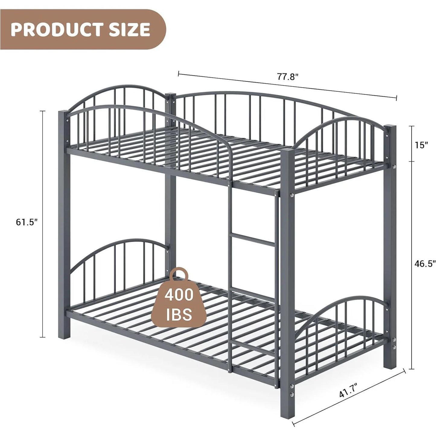 Metal Loft Bed Bunk Beds,  Twin Over Full Size with Heightened Safety Guardrail & Ladder, for School, Bedroom, Twin Size Grey