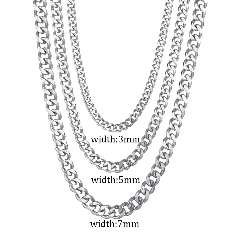 3/5/7mm Stainless Steel Cuban Link Chain Classic Personality Jewelry Simple Fashion Couple Necklace for Men/ Women