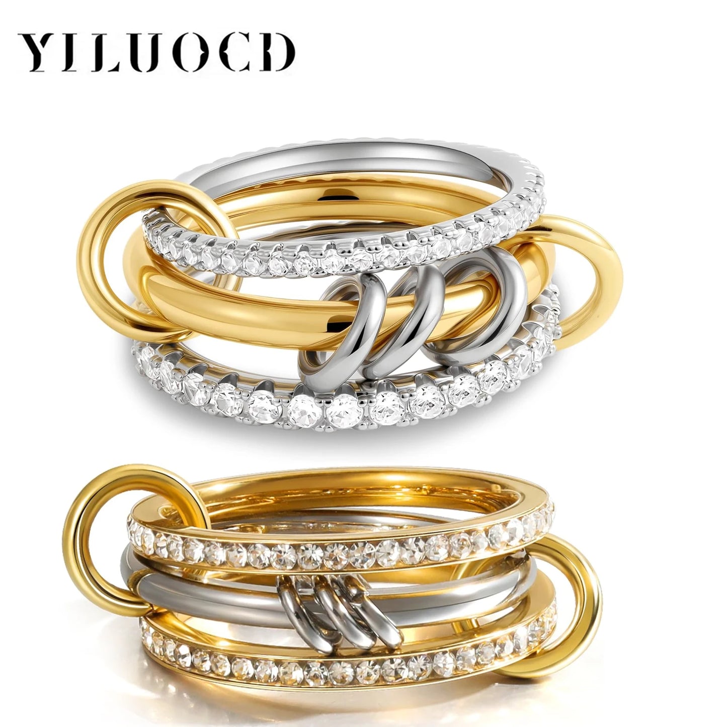 New Stainless Steel Cubic Zirconia Stackable Rings for Women  with 18k Gold- and ,Plating Multi-Link Connected Statement Ring,  Stacked Jewelry