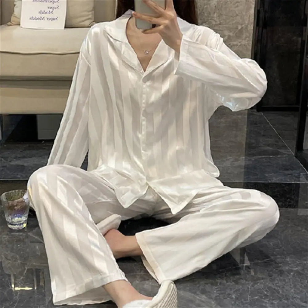 Women's Summer Striped Pajama Set.  Long Sleeve Top,  Trousers Silk /Satin  Look.  Loose Casual Sleepwear Female Nightwear