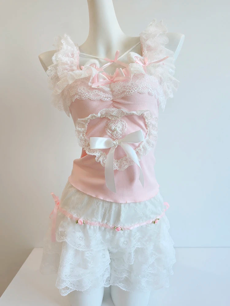 Cute Crop Top for Women / Gils for Summer.   Lace Trim,  Bows,  Lovely Pink Top.