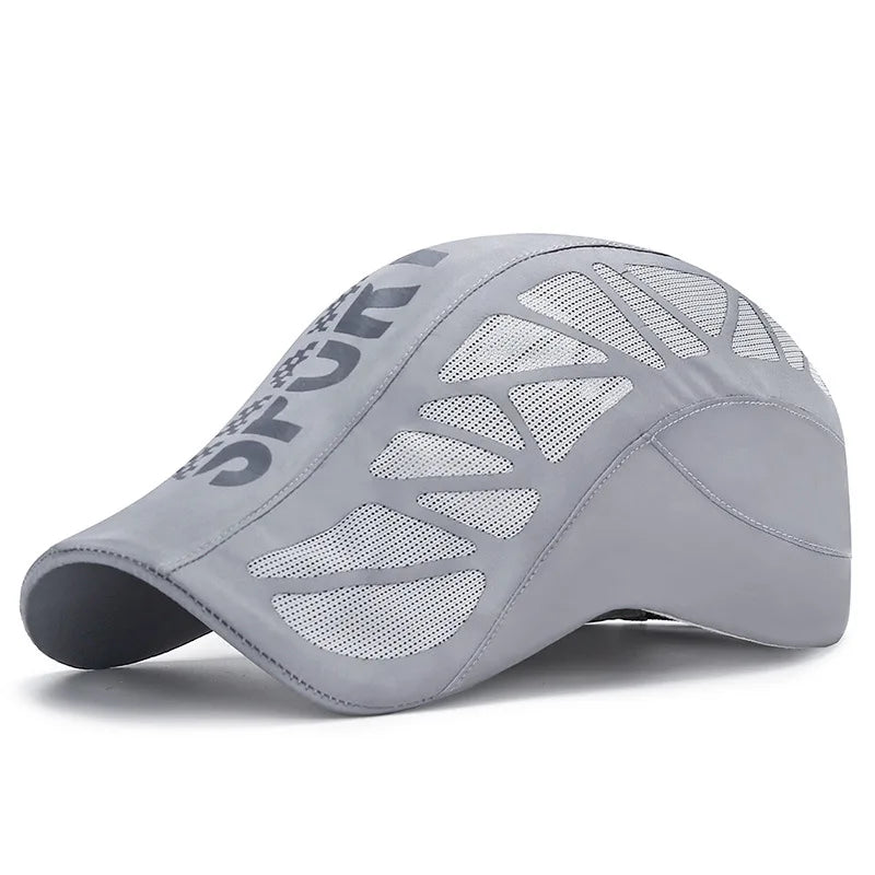 MenS  Quick- Dry Hat.  Golf,  Driving ,Cycling, All Sports.   Letter Print Newsboy Flat.  Summer Baseball Caps  thats Breathable,  Net,  Mesh Sunhat. There are 2 Colors with some availability and a they are NAVY and GRAY.  Co