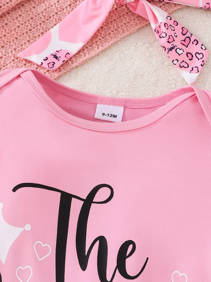 Girls Spring/ spring .Casual Long Sleeve Letter Print.    Pink Triangle Romper, Long Pants,  Headscarf Set