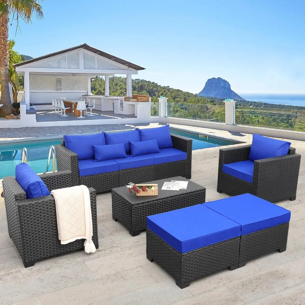 6 Pieces Patio Wicker Furniture Set,  Outdoor PE Rattan Conversation Couch,  Sectiona, l Chair /Sofa Set with Royal Blue