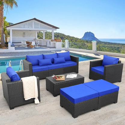 6 Pieces Patio Wicker Furniture Set,  Outdoor PE Rattan Conversation Couch,  Sectiona, l Chair /Sofa Set with Royal Blue