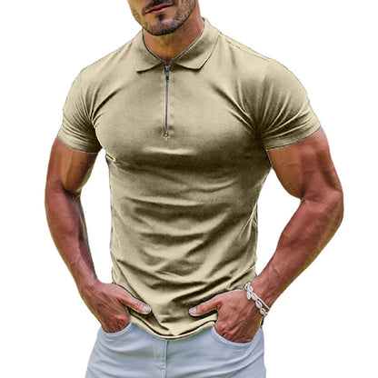 New Elastic Polos Shirts, 11 Solid Colors to pick from. Men's Sports T-shirt  with  Zipper, Short Sleeved Slim T-shirt , Casual, Basic Tops