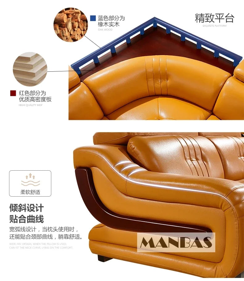 Premium Italian Genuine Leather Sofa Set.  Big Sectional Couch for Living Room,  With Adjustable Headrest