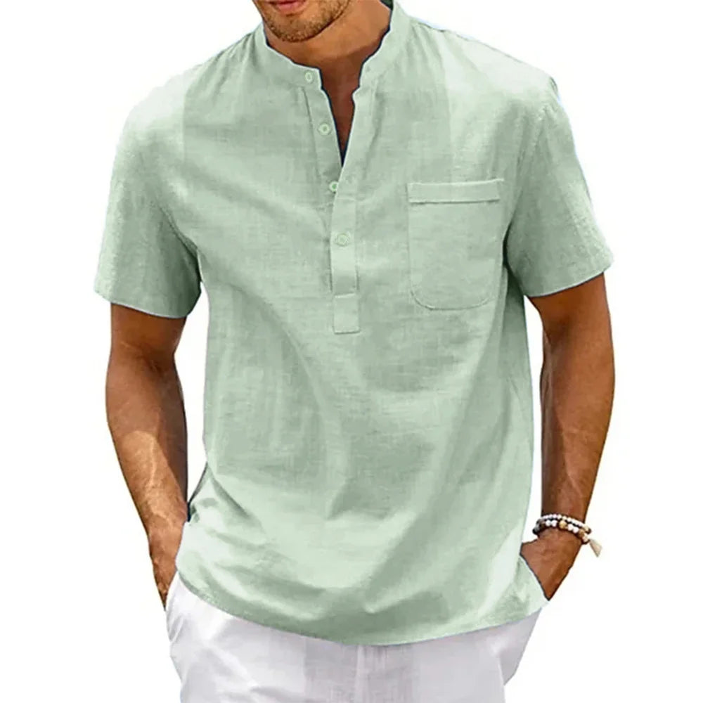 Cotton /Linen Shirt for  Men , Henley Neck,  Pocket,  Casual Beach, Short Sleeved,  Solid Colors, Male T-shirts