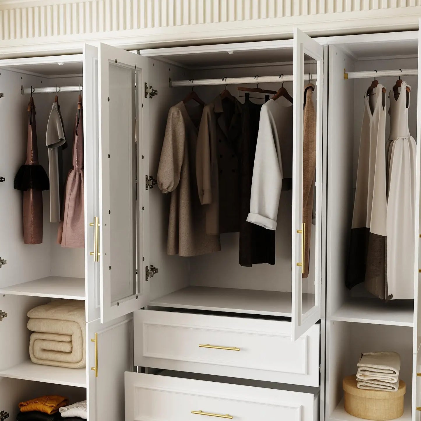 Modern Wardrobe Closet with Doors, White Armoire with Gold Handles & Drawers
