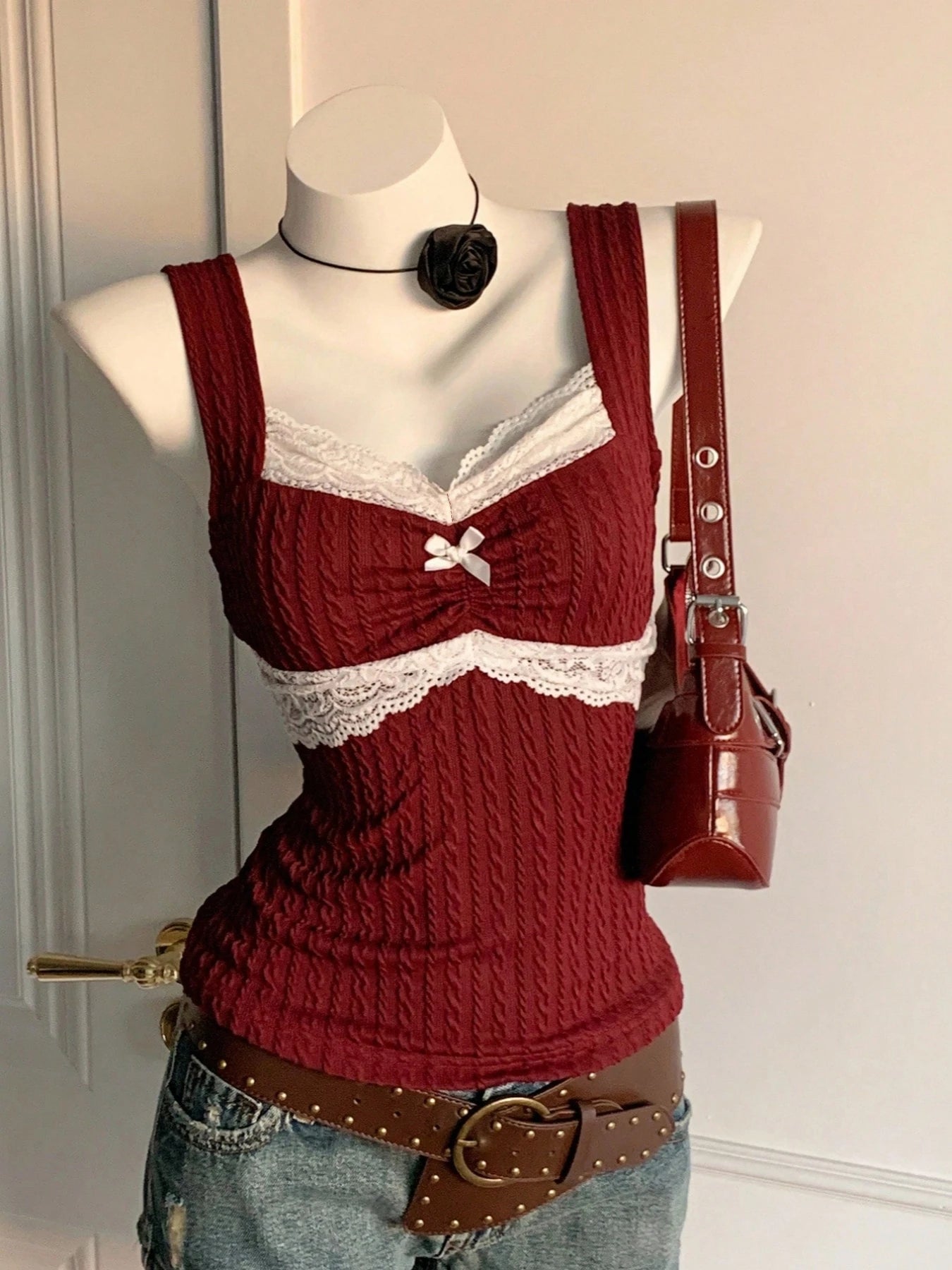 , summer fashion patchwork,  lace bow decoration,  versatile top for warm weather
