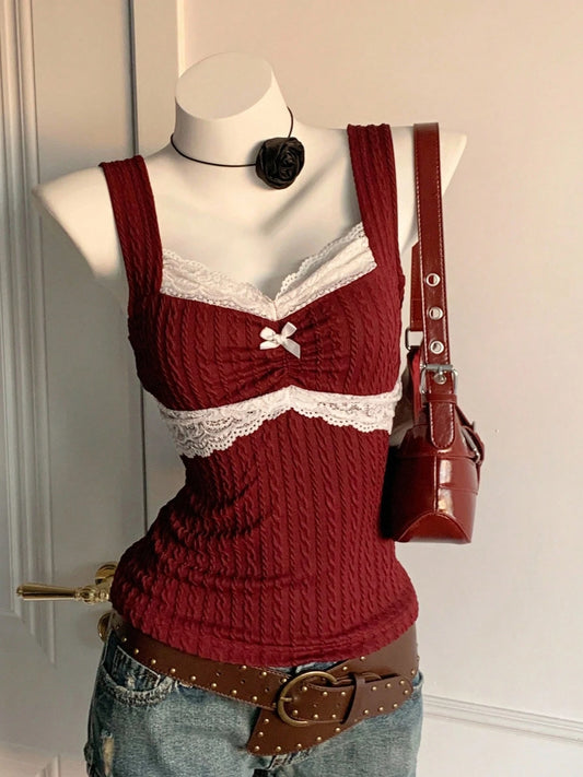 , summer fashion patchwork,  lace bow decoration,  versatile top for warm weather