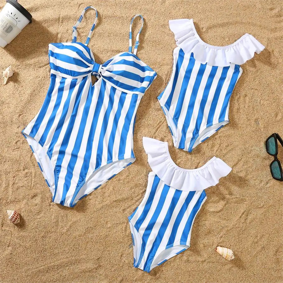 Mother- Daughter Matching Swimwear,  Ruffled and  Striped Mommy and Me Swimsuits.One-Piece Womens/ Girls Dresses