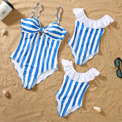 Mother- Daughter Matching Swimwear,  Ruffled and  Striped Mommy and Me Swimsuits.One-Piece Womens/ Girls Dresses