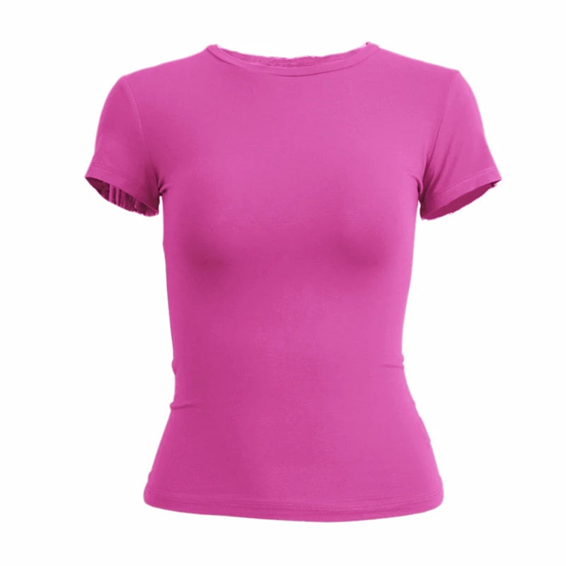 Womens tight fitting, sporty TEE Shirt in several solid colors.