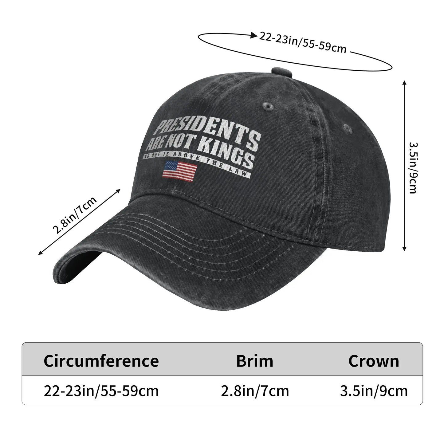 "Presidents Are Not Kings"  USA Flag Unisex Baseball Cap.  " No Kings In America "
Distressed Denim Washed Hats Cap,  Outdoor Soft Headwear Lots of choices of color.
