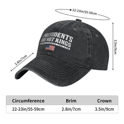 "Presidents Are Not Kings"  USA Flag Unisex Baseball Cap.  " No Kings In America "
Distressed Denim Washed Hats Cap,  Outdoor Soft Headwear Lots of choices of color.