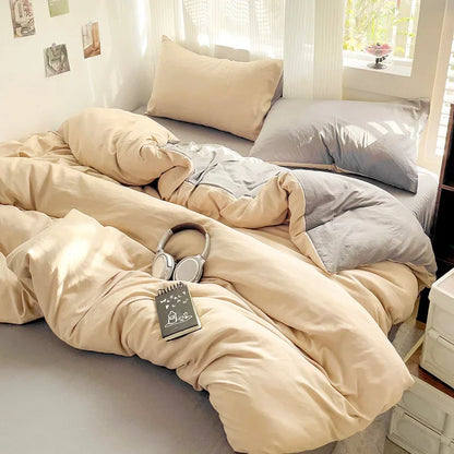 Solid Bed Linen Cotton Bedding Set 4pcs with Sheet Duvet Cover,  Pillowcases, Single/  Couple Bedsheet Single / Couple Twin Size