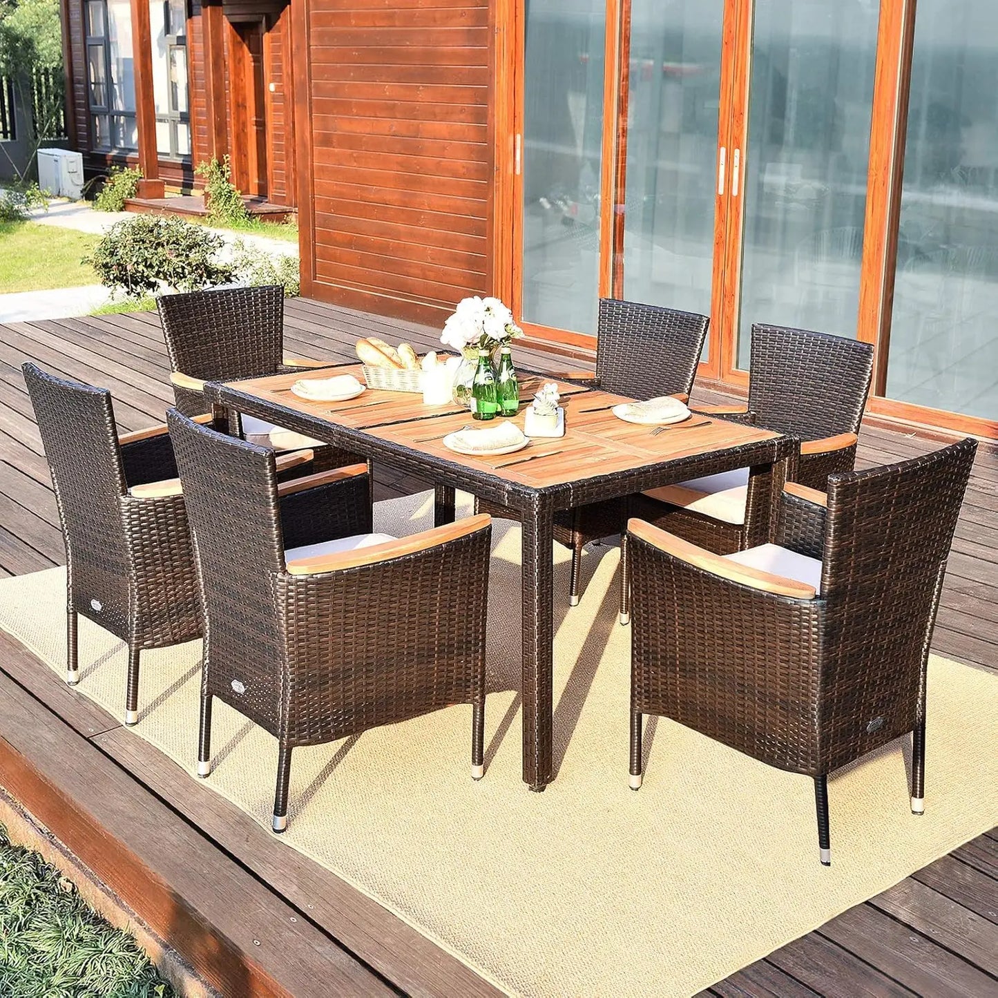 7 PCS Outdoor Patio Dining Set,  Dining Set w/Acacia Wood Table Top, Stackable Chairs with Soft Cushion, Poly -Wicker Dining Table