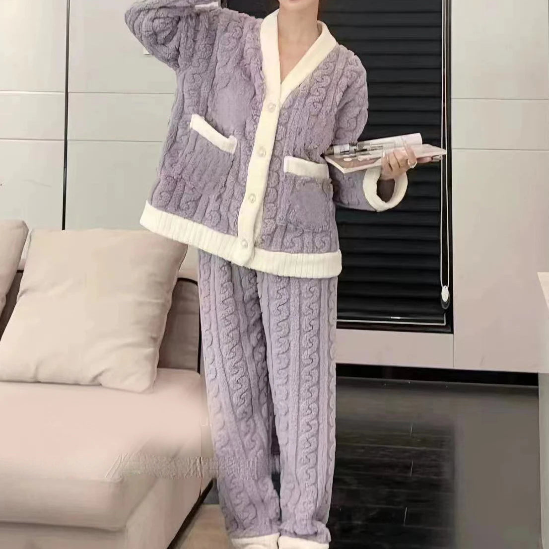 Leisure  with Autumn/Winter Women's Warm Velvet Pajamas with ,Loose Round Neck Elastic Top, Warm Wool Elastic Waist and Tight Leg Pants Set