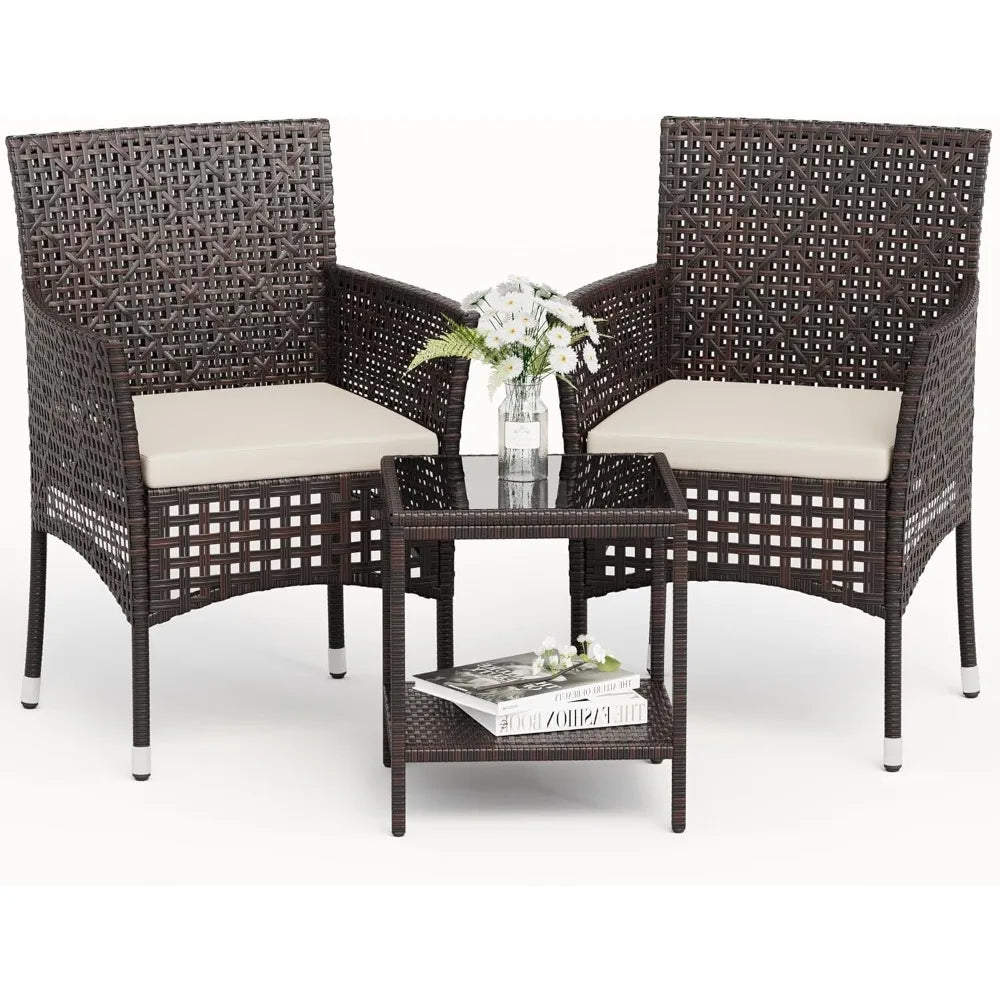 Patio Furniture Set 3 Pieces Outdoor Wicker Chairs Set of 2 with Coffee Table for Outside Porch Balcony (Brown)