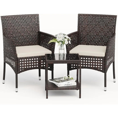 Patio Furniture Set 3 Pieces Outdoor Wicker Chairs Set of 2 with Coffee Table for Outside Porch Balcony (Brown)