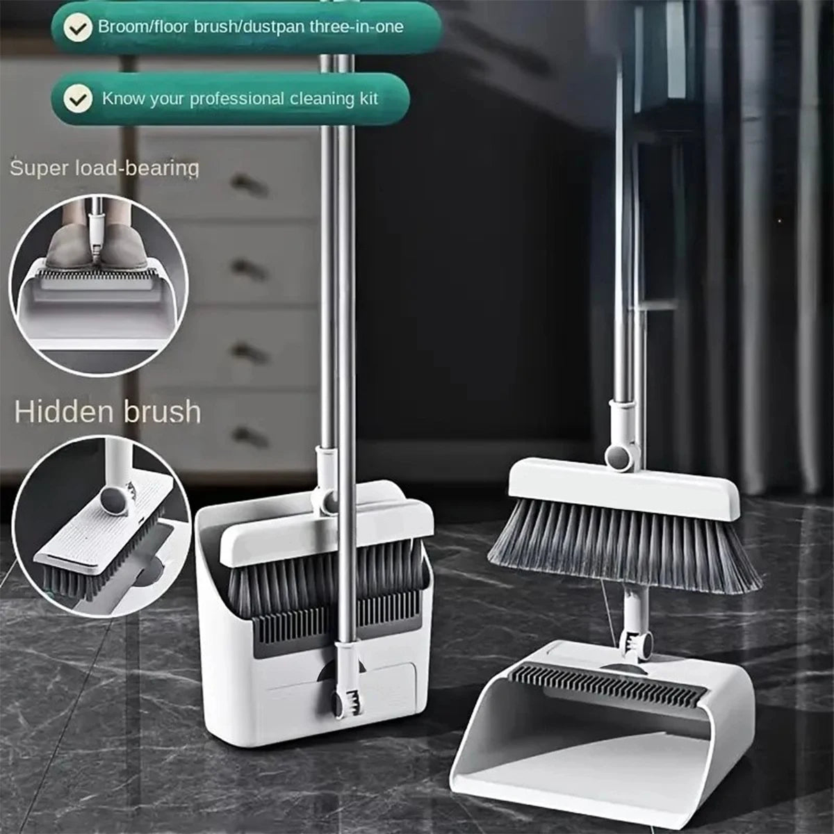 3in 1 Broom and Dustpan Set Floor.  Long-handled Broom And Dustpan For Home Office School Dorm