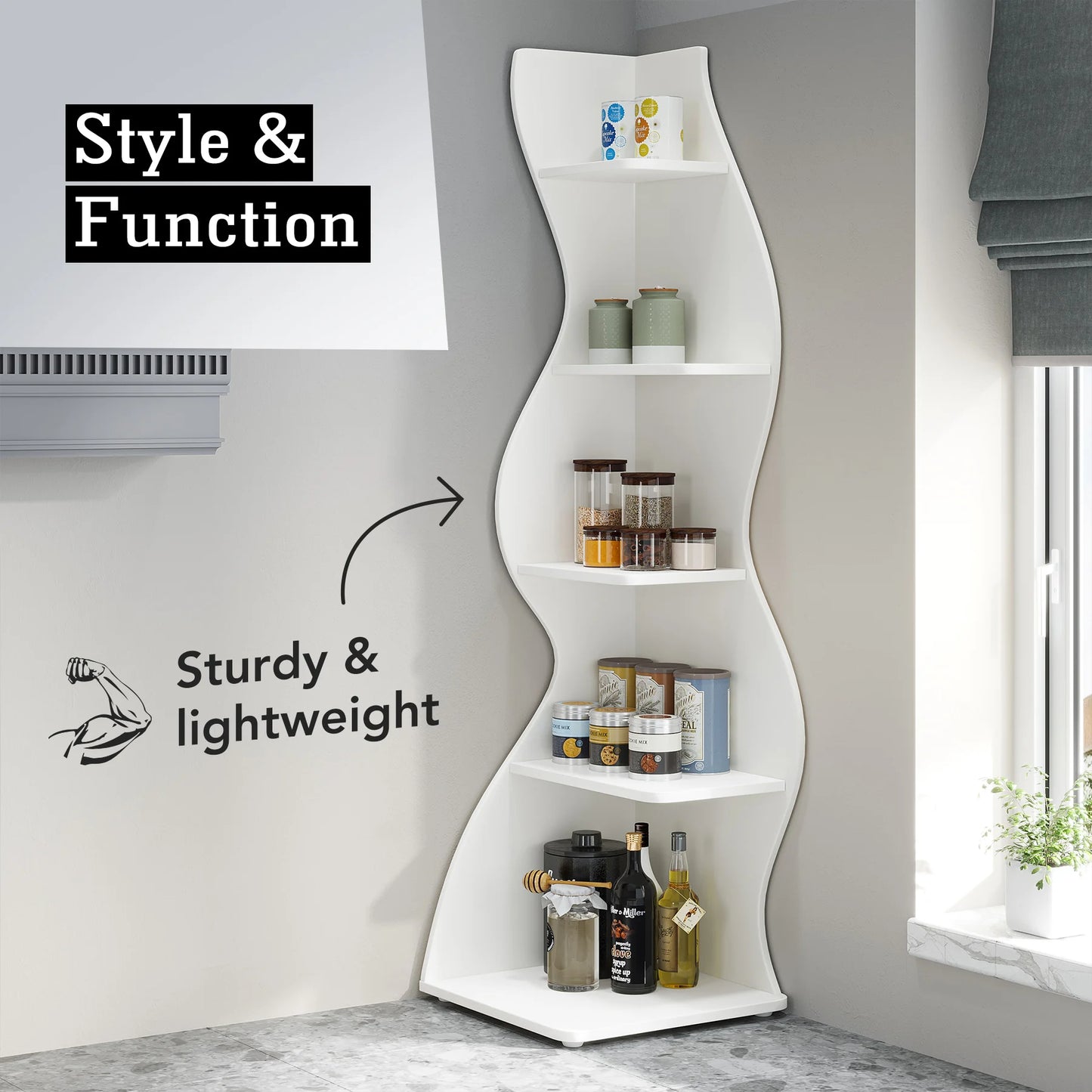 Corner Shelf, Modern 5-Tier Corner Bookshelf, Stylish Corner Small Bookcase, Storage Rack,  Plant Stand