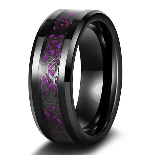 Charming Couple Rings.  Romantic Womens Purple Rhinestones CZ Rings Set.  Trendy Mens Stainless Steel Celtic Dragon Rings  for Weddings, Engagements and Occasions