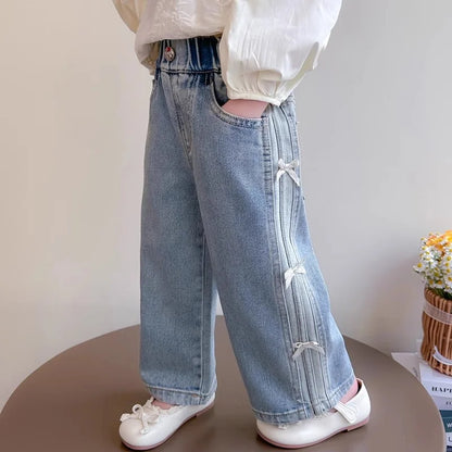 Girls Print Denim Pants.   New BlingBling Diamond Bow Jeans. Childrens  Clothes, Kids Straight Legged Pants,  Loose Trousers