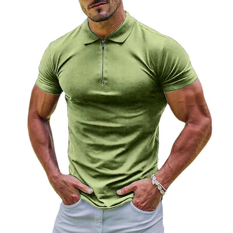 New Elastic Polos Shirts, 11 Solid Colors to pick from. Men's Sports T-shirt  with  Zipper, Short Sleeved Slim T-shirt , Casual, Basic Tops