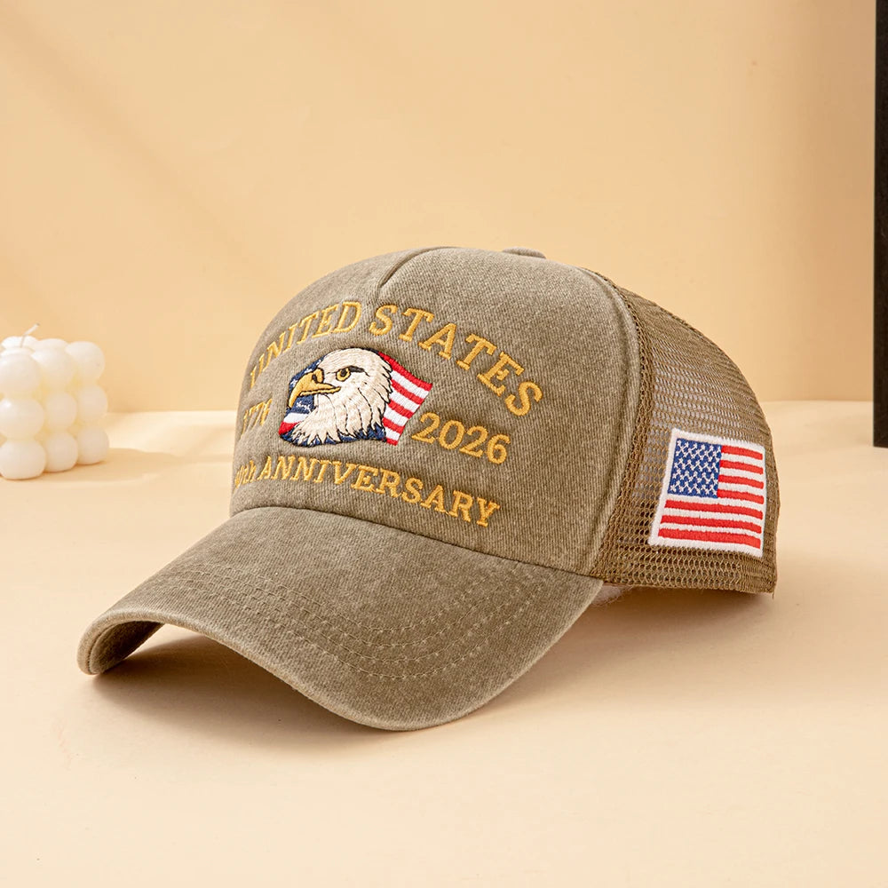 United States 250th Anniversary,  1776-2026 Bald Eagle Embroidered,  Washed Mesh,  American Flag , Adjustable Baseball Cap