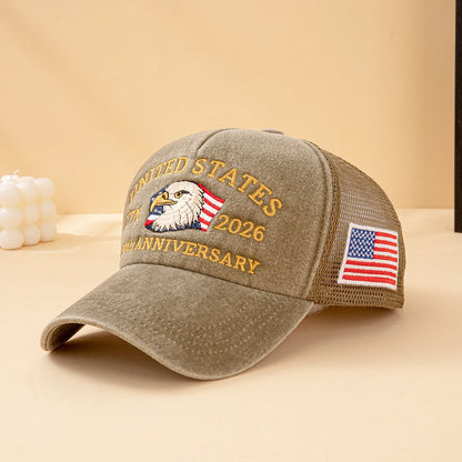 United States 250th Anniversary,  1776-2026 Bald Eagle Embroidered,  Washed Mesh,  American Flag , Adjustable Baseball Cap