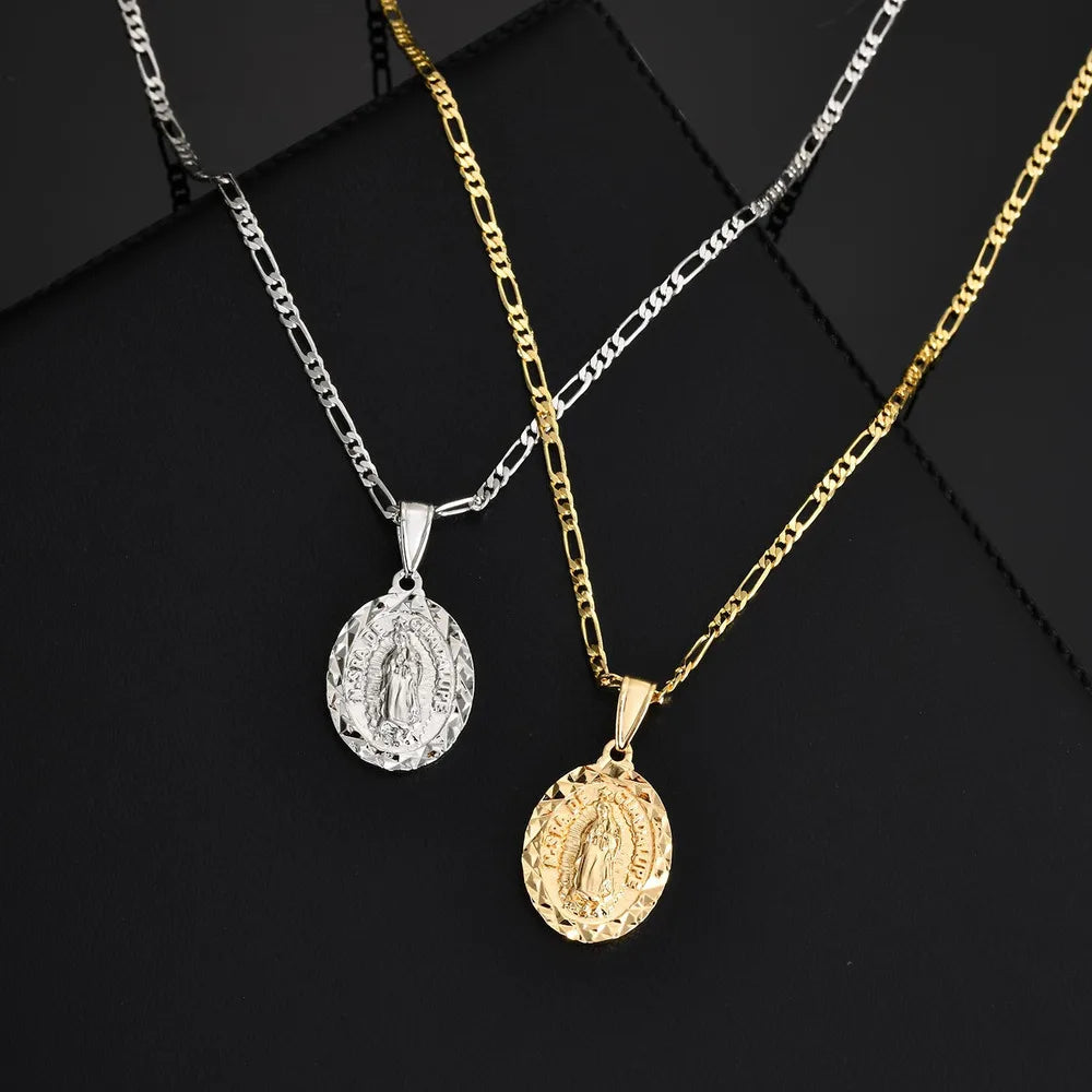 Virgin Mary Necklace for Men Boys,Catholicism Oval Pendant with Figaro Chain,Faith Prayer Jewelry Gift