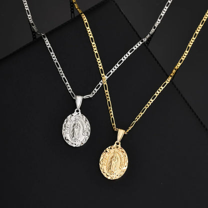 Virgin Mary Necklace for Men Boys,Catholicism Oval Pendant with Figaro Chain,Faith Prayer Jewelry Gift