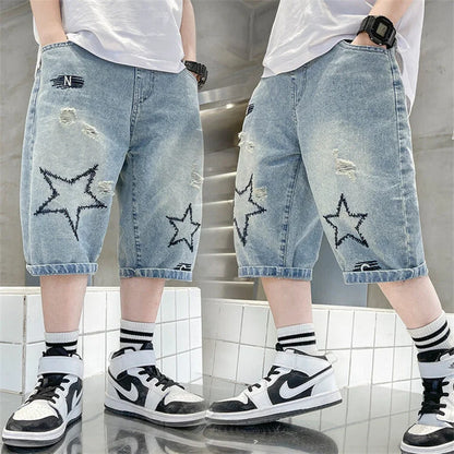 Boys Denim Shorts,  Summer,  Loose-Fit Pants,  Wide-leg Knee-Length Jeans  Lightweight Clothing
