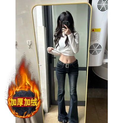 Vintage American Fleece Lined, Flared Jeans  for Women/Girls High Waist,  Long Pants, Casual Cotton Denim Jeans
