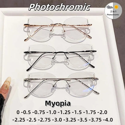 High Quality Frameless Photochromic Myopia Glasses.   All Titanium, Ultra Light Cat Eye , Anti -Blue Light Glasses,  Diopter To -4.0