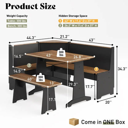3 Piece Breakfast Nook,  Dining Set, L-Shaped Corner Bench with Hidden Storage, Space-Saving Kitchen Table Set for Small Spaces, Bla