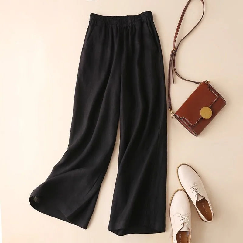 Cotton Linen Straight Leg Pants,  Womens Summer Loose,  Versatile,  Large Size Linen,  Nine Points Casual Thin Ladies Trousers.  Sevevral different lengths and some 100% cotton, some Cotton-linen blend.