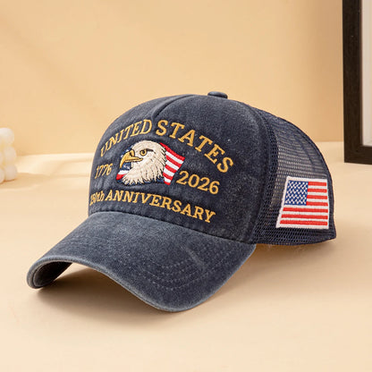 United States 250th Anniversary,  1776-2026 Bald Eagle Embroidered,  Washed Mesh,  American Flag , Adjustable Baseball Cap