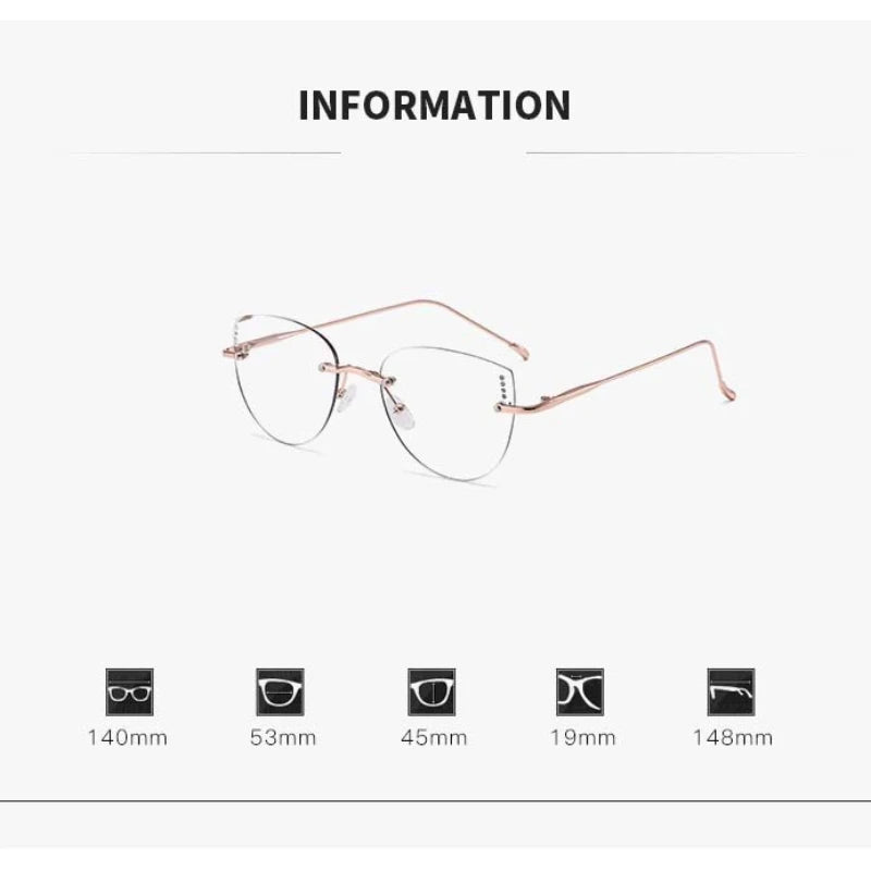 High Quality Frameless Photochromic Myopia Glasses.   All Titanium, Ultra Light Cat Eye , Anti -Blue Light Glasses,  Diopter To -4.0