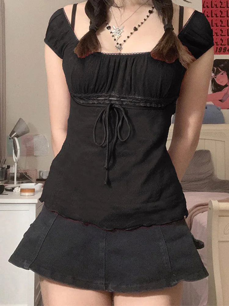 Sweet Lace Tops  for Women/Girls, Off-Shoulder,  Drawstring T-shirt.