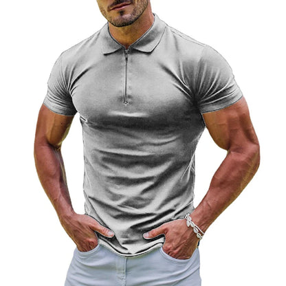New Elastic Polos Shirts, 11 Solid Colors to pick from. Men's Sports T-shirt  with  Zipper, Short Sleeved Slim T-shirt , Casual, Basic Tops