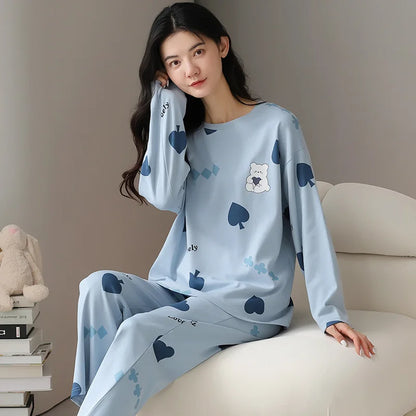 2Pcs/set women's pajamas spring and autumn with long trousers, cartoon cute  and can be worn outside  for leisure and comfort
