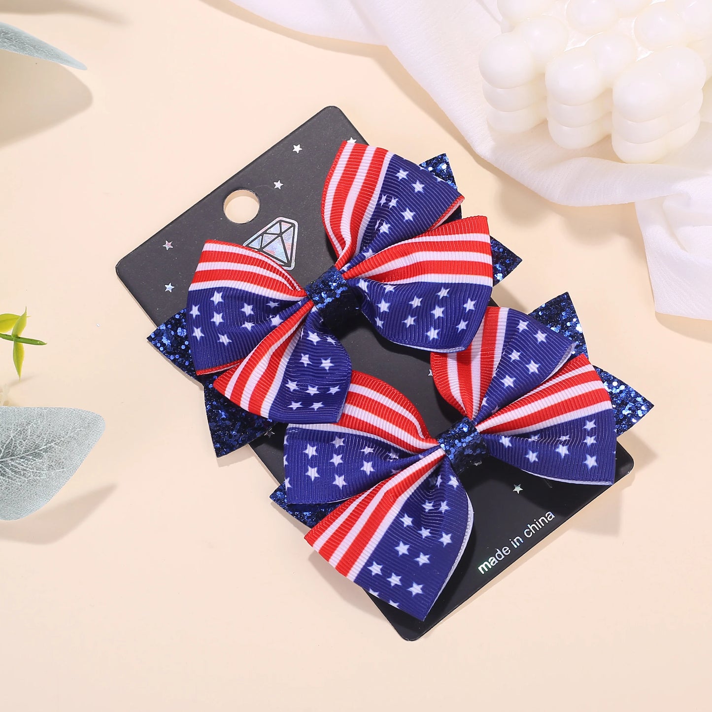2/4 Sets of New American Patriotic items.  Five Pointed Star Bow Top Decoration Daughter/ Children's Flag Star Hair Clip Set
