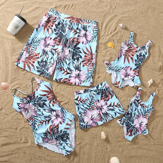 /Mom/ Daughter Swimwear,  Floral Pattern Ruffle, One-Piece Swimsuit .  Dad Son Swim Shorts,  Family Matching Outfits Beach Wear